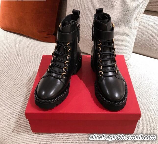 Good Quality Valentino The Rope Calfskin Combat Short Boots Black/Gold 120505