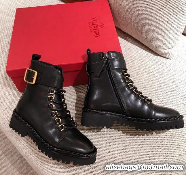 Good Quality Valentino The Rope Calfskin Combat Short Boots Black/Gold 120505