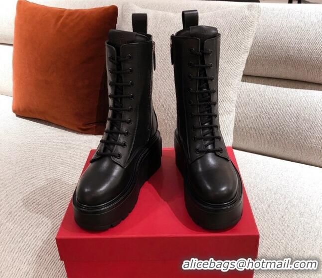 Classic Hot Valentino Uniqueform Calfskin Platform Lace-up Short Boots Black 120508