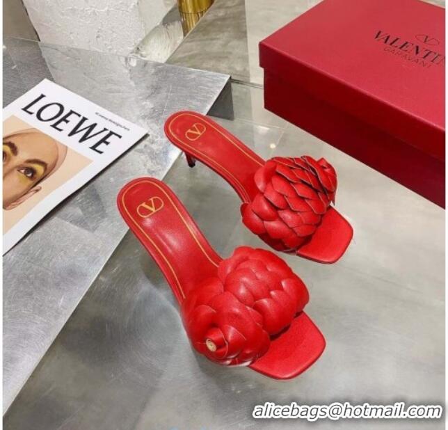 Super Quality Valentino Atelier Shoe 03 Rose Edition Kidskin Heel Slide Sandal 55mm 121931 Red