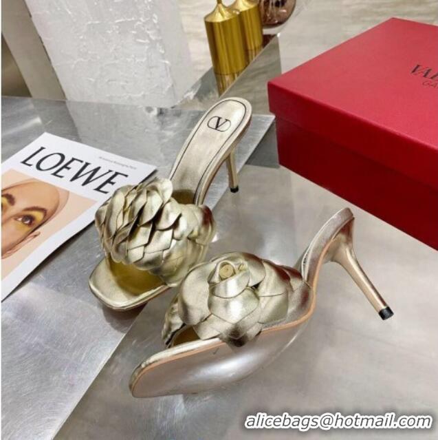 Top Quality Valentino Atelier Shoe 03 Rose Edition Kidskin Heel Slide Sandal 90mm 121935 Gold