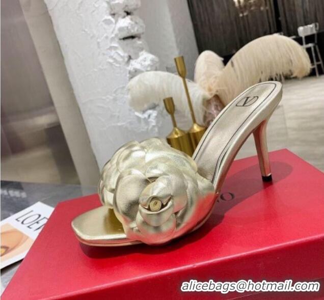 Top Quality Valentino Atelier Shoe 03 Rose Edition Kidskin Heel Slide Sandal 90mm 121935 Gold