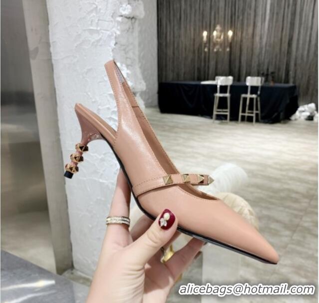 Best Luxury Valentino Roman Stud Calfskin Slingback Pumps with Sculpted Heel and Strap Nude 010601