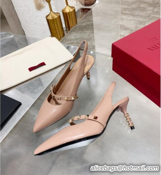 Best Luxury Valentino Roman Stud Calfskin Slingback Pumps with Sculpted Heel and Strap Nude 010601