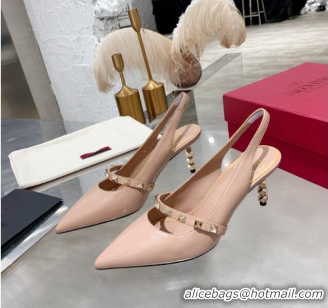 Best Luxury Valentino Roman Stud Calfskin Slingback Pumps with Sculpted Heel and Strap Nude 010601