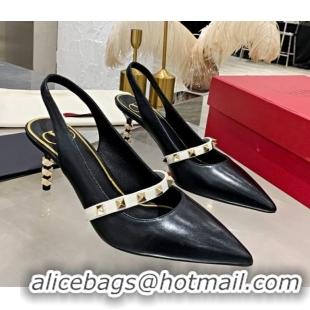 Low Price Valentino Roman Stud Calfskin Slingback Pumps with Sculpted Heel and Strap 010601 Black/White