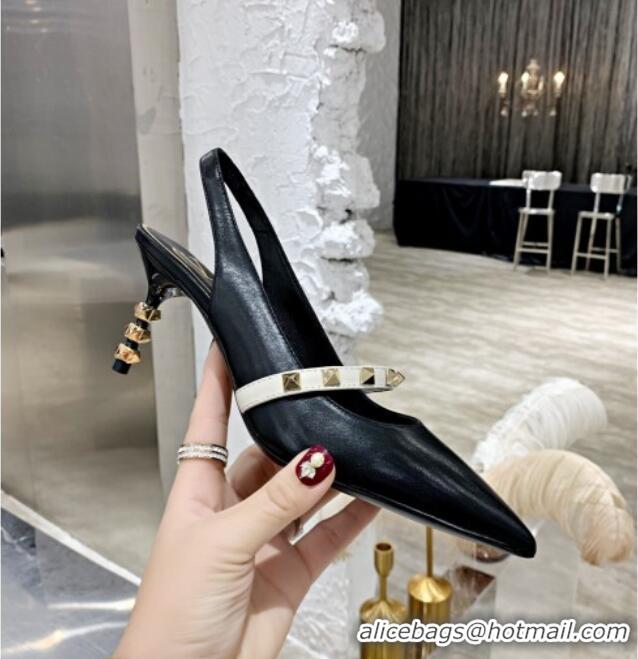 Low Price Valentino Roman Stud Calfskin Slingback Pumps with Sculpted Heel and Strap 010601 Black/White