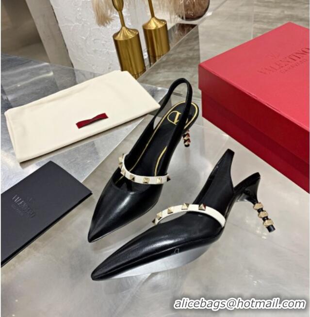 Low Price Valentino Roman Stud Calfskin Slingback Pumps with Sculpted Heel and Strap 010601 Black/White