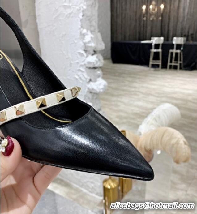 Low Price Valentino Roman Stud Calfskin Slingback Pumps with Sculpted Heel and Strap 010601 Black/White