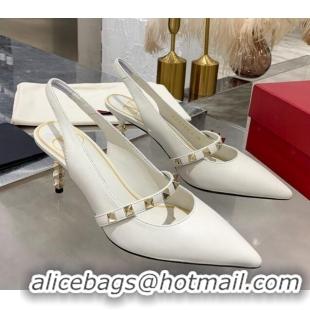 Most Popular Valentino Roman Stud Calfskin Slingback Pumps with Sculpted Heel and Strap 010601 White/Gold