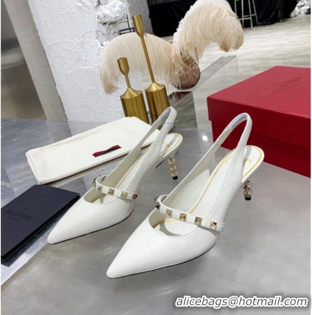 Most Popular Valentino Roman Stud Calfskin Slingback Pumps with Sculpted Heel and Strap 010601 White/Gold