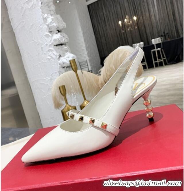 Most Popular Valentino Roman Stud Calfskin Slingback Pumps with Sculpted Heel and Strap 010601 White/Gold