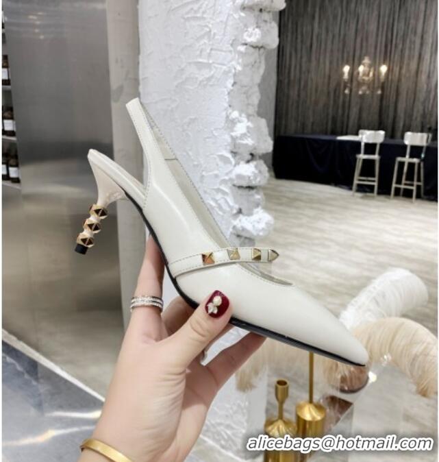 Most Popular Valentino Roman Stud Calfskin Slingback Pumps with Sculpted Heel and Strap 010601 White/Gold