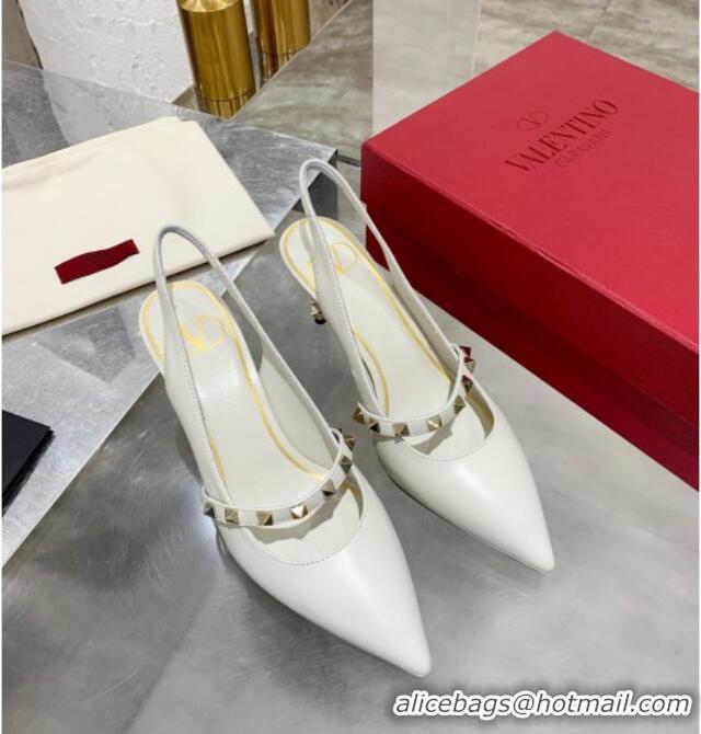 Most Popular Valentino Roman Stud Calfskin Slingback Pumps with Sculpted Heel and Strap 010601 White/Gold