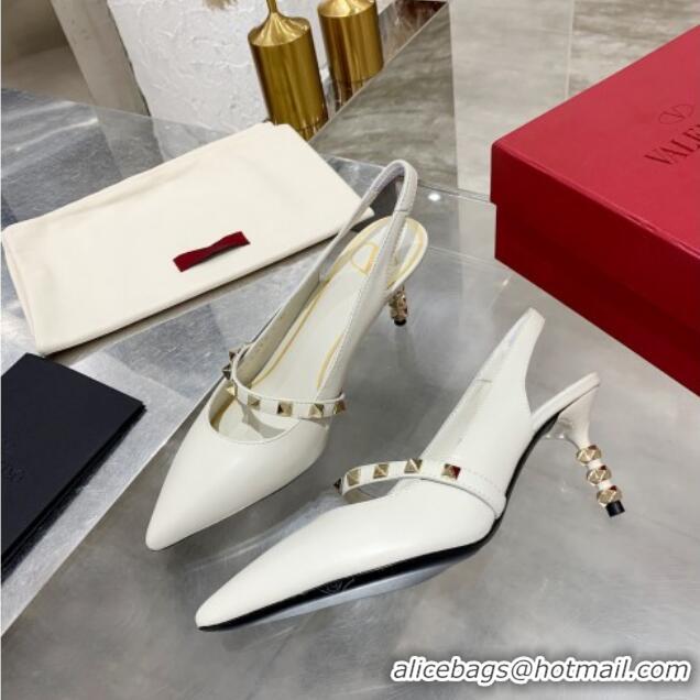 Most Popular Valentino Roman Stud Calfskin Slingback Pumps with Sculpted Heel and Strap 010601 White/Gold