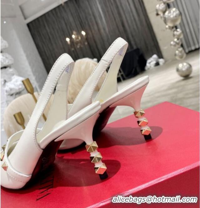 Most Popular Valentino Roman Stud Calfskin Slingback Pumps with Sculpted Heel and Strap 010601 White/Gold