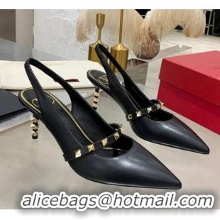 New Style Valentino Roman Stud Calfskin Slingback Pumps with Sculpted Heel and Strap 010604 Black/Gold