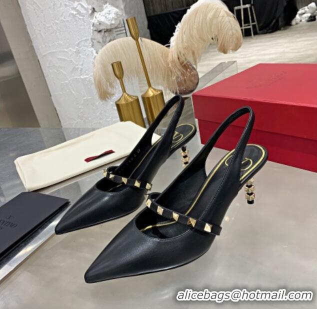 New Style Valentino Roman Stud Calfskin Slingback Pumps with Sculpted Heel and Strap 010604 Black/Gold