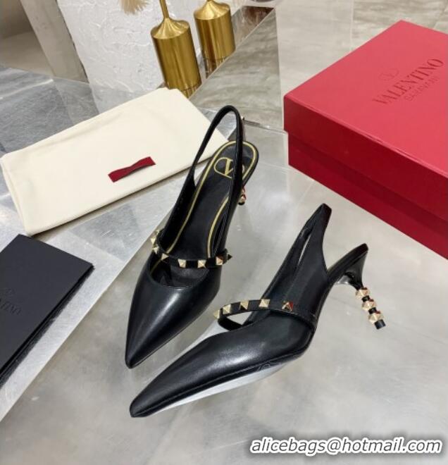 New Style Valentino Roman Stud Calfskin Slingback Pumps with Sculpted Heel and Strap 010604 Black/Gold