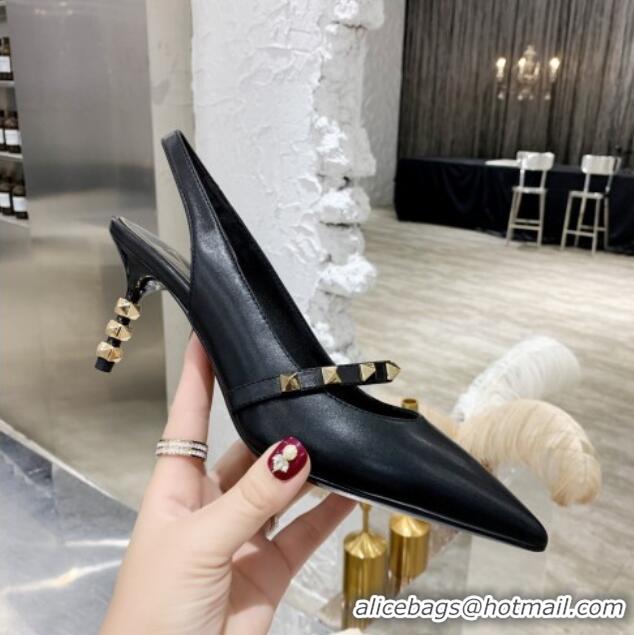 New Style Valentino Roman Stud Calfskin Slingback Pumps with Sculpted Heel and Strap 010604 Black/Gold