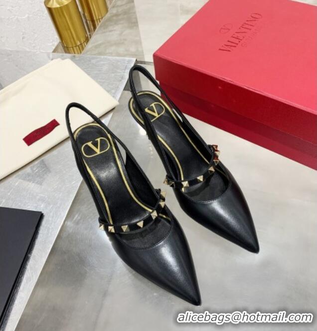 New Style Valentino Roman Stud Calfskin Slingback Pumps with Sculpted Heel and Strap 010604 Black/Gold