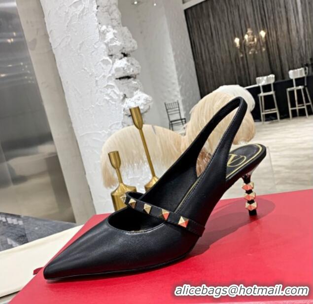 New Style Valentino Roman Stud Calfskin Slingback Pumps with Sculpted Heel and Strap 010604 Black/Gold