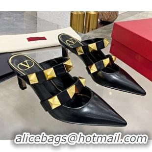 Best Price Valentino Roman Stud Calfskin Heel Mules with Sculpted Strap 010605 Black