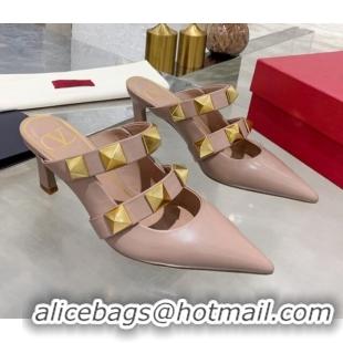 Good Quality Valentino Roman Stud Calfskin Heel Mules with Sculpted Strap 010605 Nude