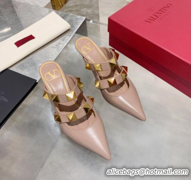 Good Quality Valentino Roman Stud Calfskin Heel Mules with Sculpted Strap 010605 Nude