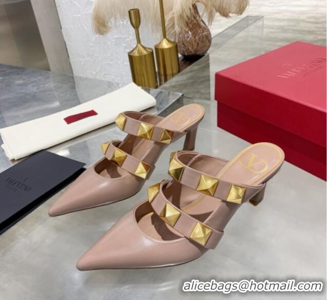 Good Quality Valentino Roman Stud Calfskin Heel Mules with Sculpted Strap 010605 Nude