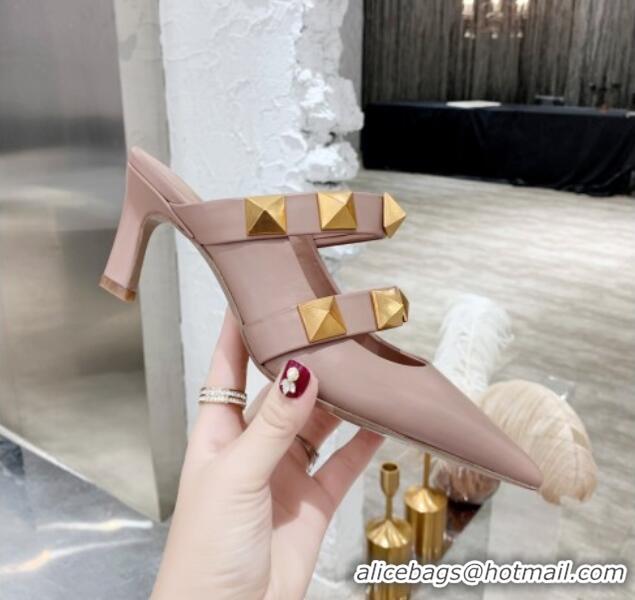 Good Quality Valentino Roman Stud Calfskin Heel Mules with Sculpted Strap 010605 Nude