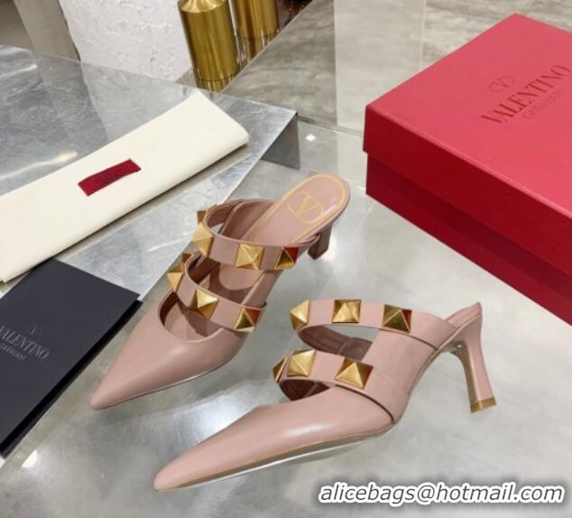 Good Quality Valentino Roman Stud Calfskin Heel Mules with Sculpted Strap 010605 Nude