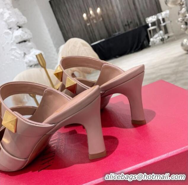 Good Quality Valentino Roman Stud Calfskin Heel Mules with Sculpted Strap 010605 Nude