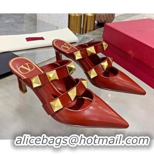 Affordable Price Valentino Roman Stud Calfskin Heel Mules with Sculpted Strap 010605 Red