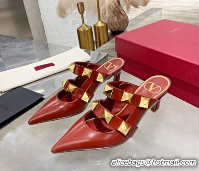 Affordable Price Valentino Roman Stud Calfskin Heel Mules with Sculpted Strap 010605 Red