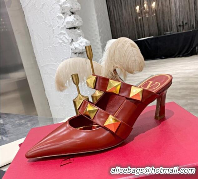 Affordable Price Valentino Roman Stud Calfskin Heel Mules with Sculpted Strap 010605 Red