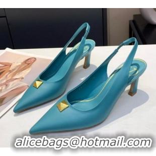 Cute Valentino Roman Stud Calfskin Slingback Pumps 010679 Blue