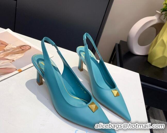 Cute Valentino Roman Stud Calfskin Slingback Pumps 010679 Blue