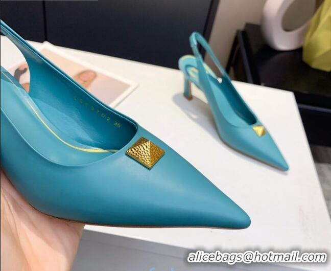 Cute Valentino Roman Stud Calfskin Slingback Pumps 010679 Blue