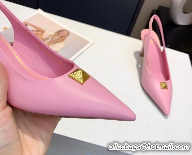 Top Design Valentino Roman Stud Calfskin Slingback Pumps 010679 Pink