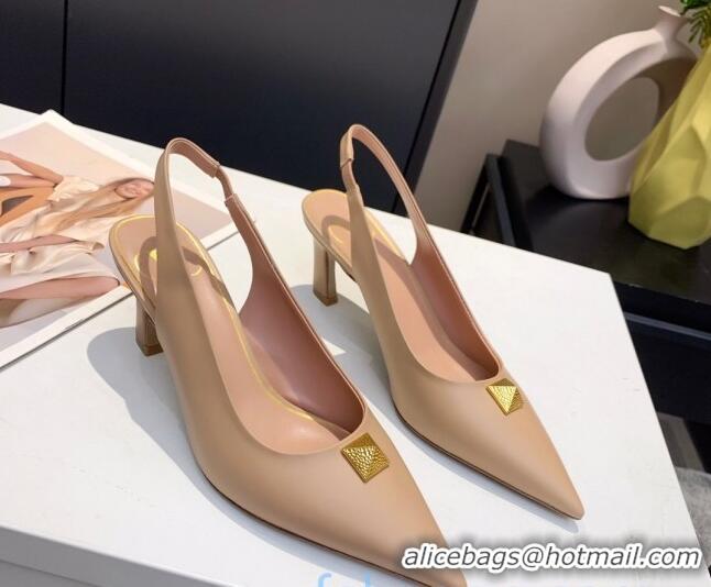 Unique Grade Valentino Roman Stud Calfskin Slingback Pumps 010679 Nude