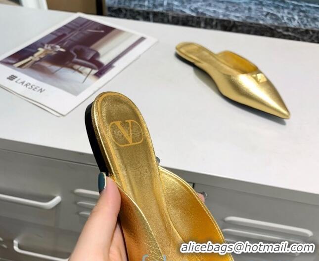 Low Price Valentino Roman Stud Calfskin Flat Mules 010679 Gold