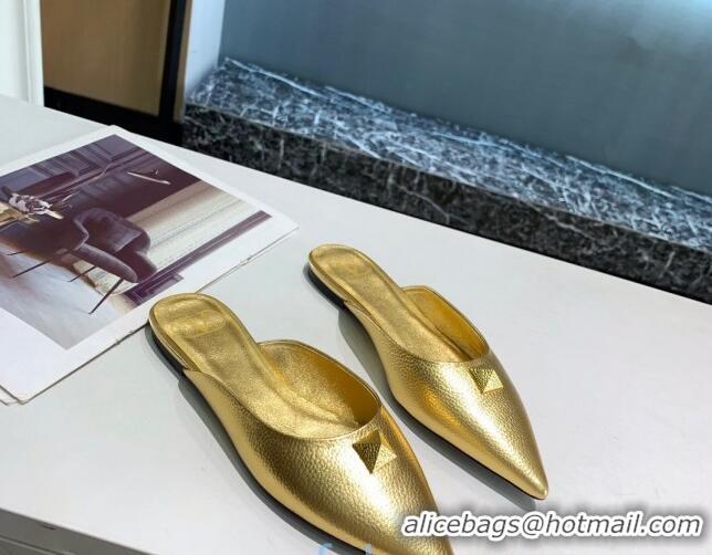 Low Price Valentino Roman Stud Calfskin Flat Mules 010679 Gold