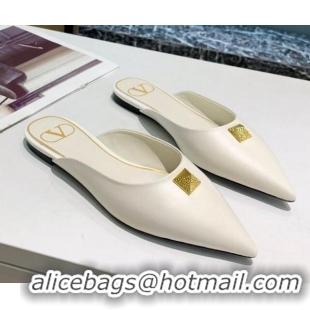 Stylish Valentino Roman Stud Calfskin Flat Mules 010679 White