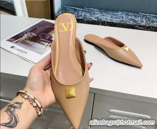 Classic Hot Valentino Roman Stud Calfskin Flat Mules 010679 Nude