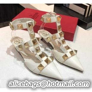 Top Design Valentino Roman Stud Lambskin Strap Pumps 4cm 010872 White 2021