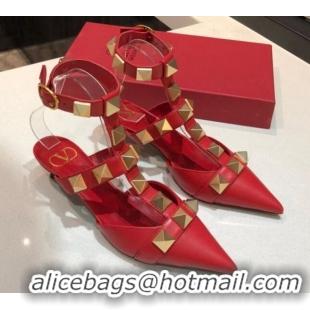 Luxury Cheap Valentino Roman Stud Lambskin Strap Pumps 4cm 010872 Red 2021