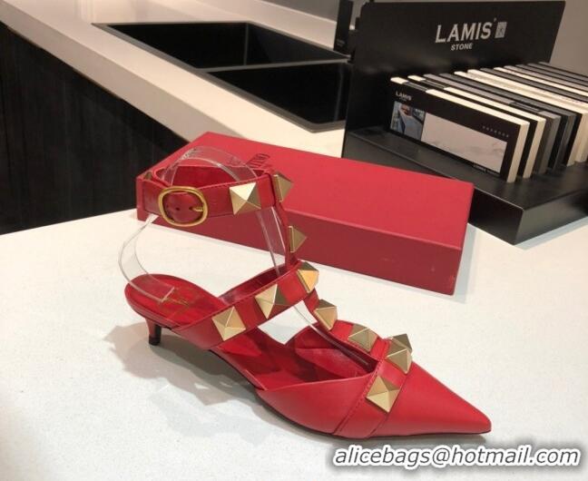 Luxury Cheap Valentino Roman Stud Lambskin Strap Pumps 4cm 010872 Red 2021