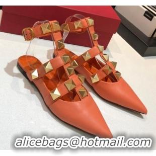 Best Grade Valentino Roman Stud Lambskin Strap Flat Mules 010879 Orange