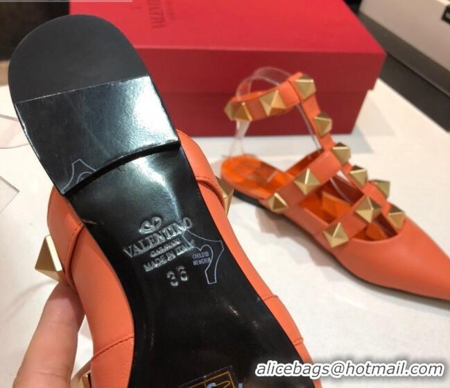 Best Grade Valentino Roman Stud Lambskin Strap Flat Mules 010879 Orange